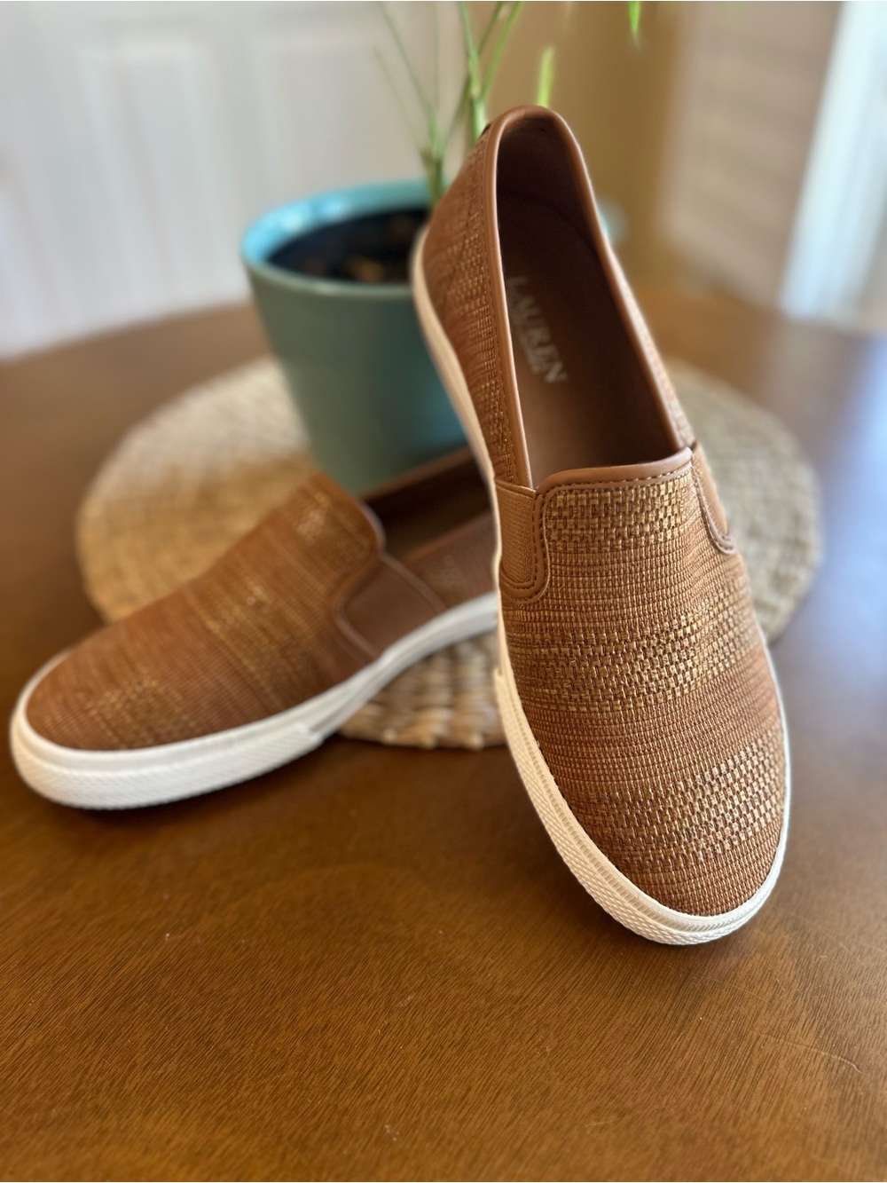 Lauren Ralph Lauren Brown “Jinny” Woven Slip-On Sneakers